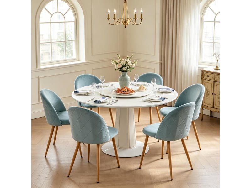  Lot de 6 chaises de salle à manger à dossier incurvé en velours bleu canard  - Conforama D