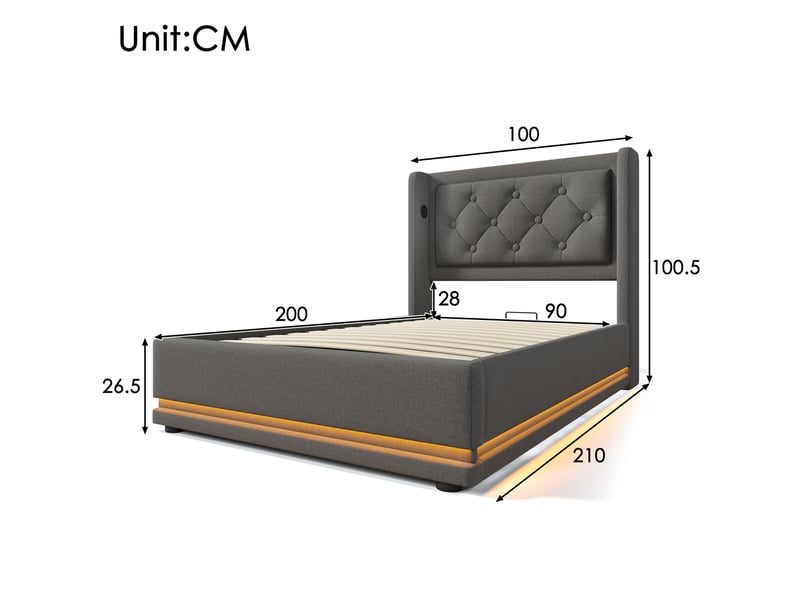 Modenvie lit coffre 90x200 cm - rangement hydraulique, led 3 cotes, usb-c, matelas inclus - gris  - Conforama C