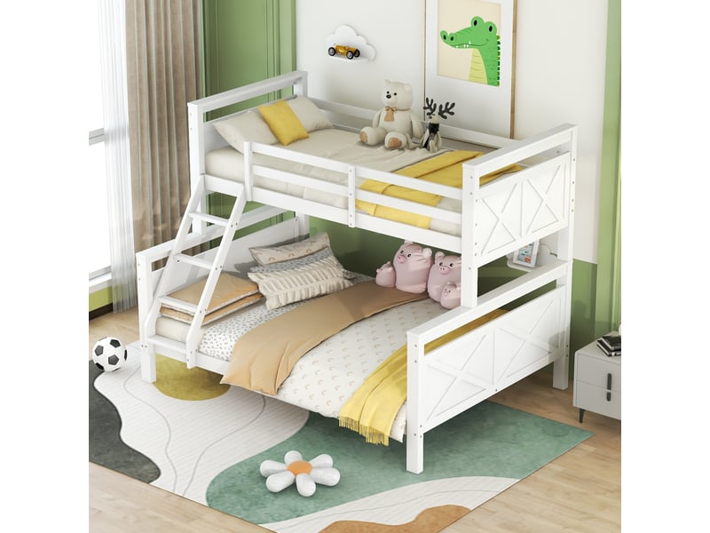  Lit superposé enfant 90×200 et 140×200 cm avec échelle et barrière  - sans matelas, bois - blanc  - Conforama B