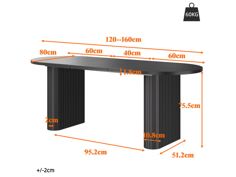Table de salle à manger extensible avec bords arrondis et structure verticale, en mdf et métal, noir, 120 × 80 × 75,5 cm - Conforama D