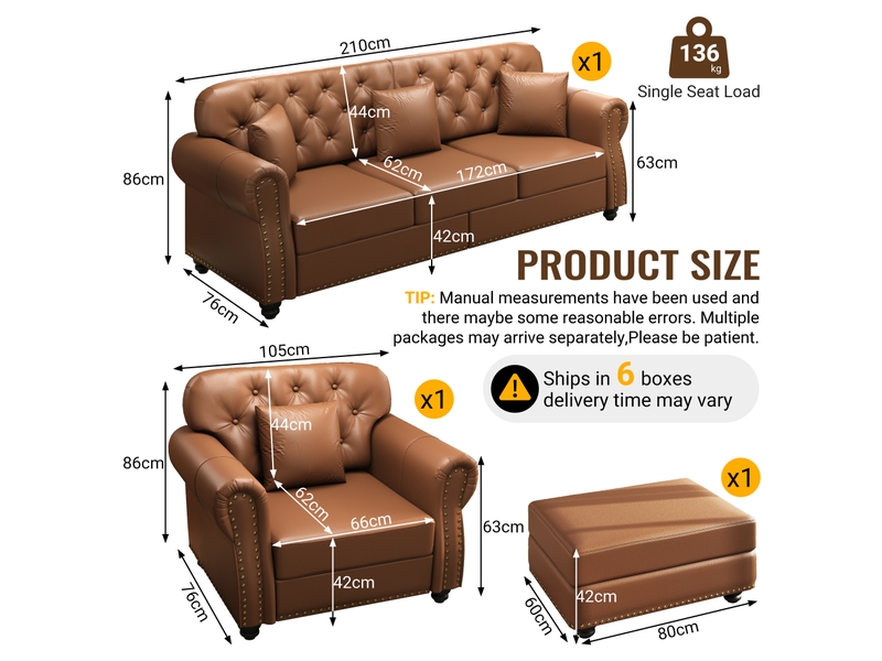  Salon chesterfield 5 places avec pouf en simili cuir marron, 210 cm Fay Lum - Conforama C
