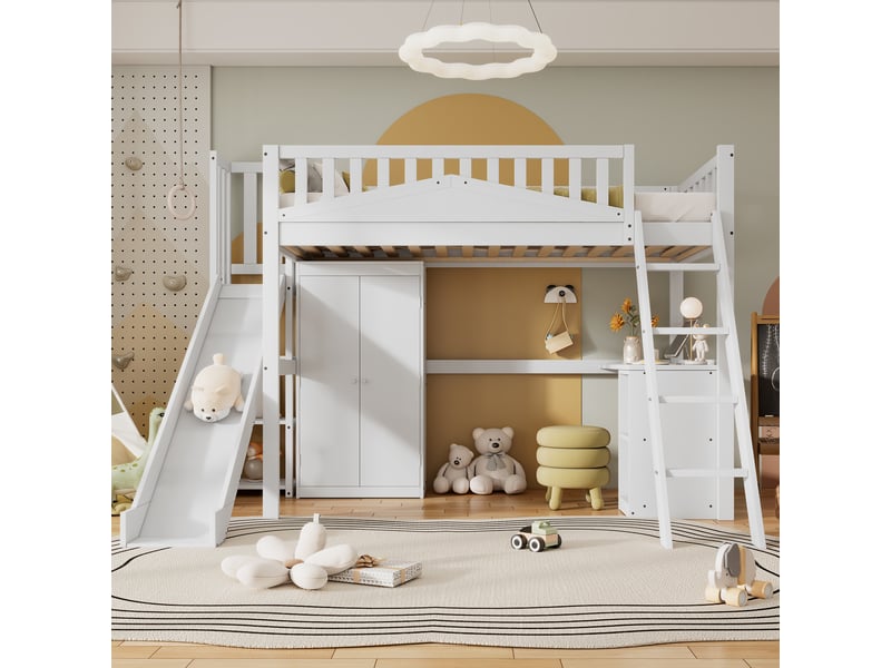  Lit mezzanine 90x200 cm, lit enfant avec barrière de sécurité, pin, lit superposé avec table et armoire et échelle à quatre marches  - Conforama C