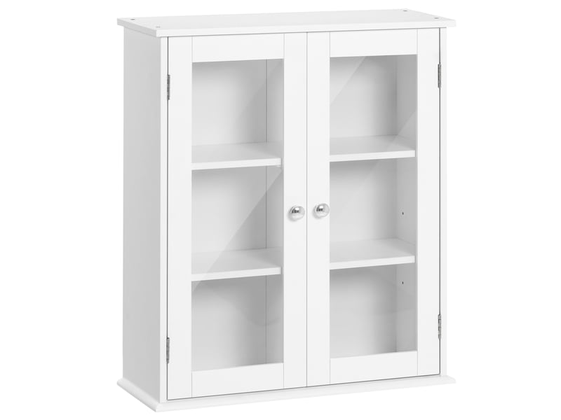  Armoire murale blanche pour salle de bain, 2 portes vitrées, 3 étagères réglables, 55 x 20 x 65 cm  - Conforama B