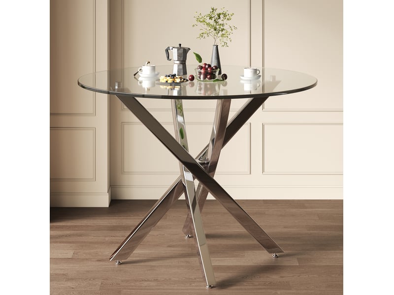 Table à manger ronde 80 x 80 x 75 cm en verre trempé, pieds croisés en métal argenté  - Conforama E