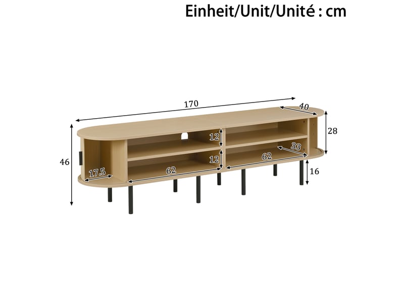  Meuble tv 170x40x46 cm avec 2 portes coulissantes en mdf, finition naturelle  - Conforama E