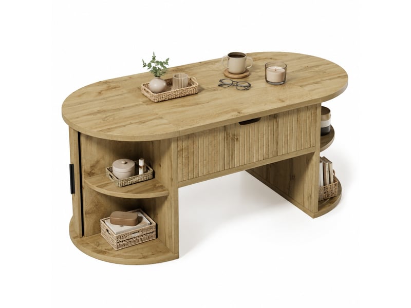  Table basse relevable avec 2 portes coulissantes et étagères pour salon 100×50×40,5 cm en mdf chêne  - Conforama A