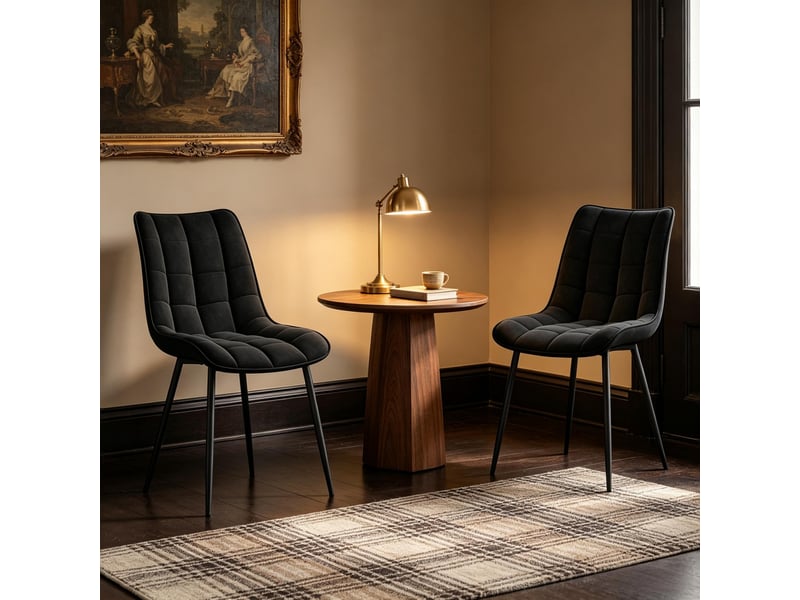  Chaise de salle à manger lot de 2 avec assise ergonomique et patins antidérapants en métal et velours noir  - Conforama C