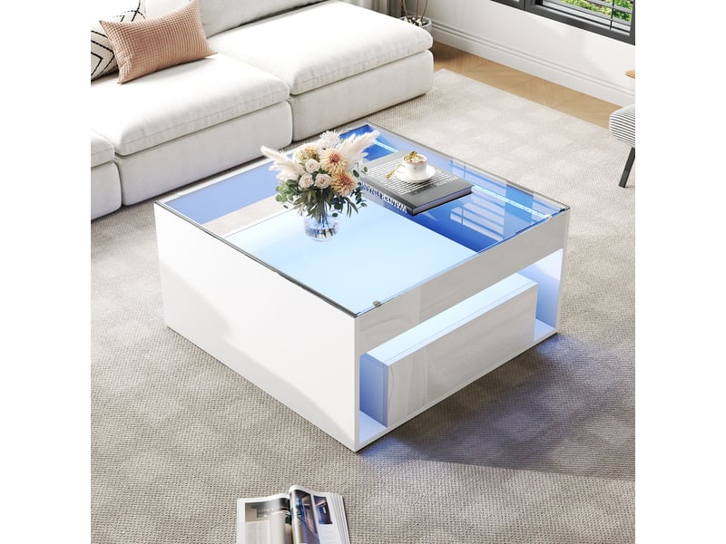  Table basse carrée 70x70 blanche laquée avec led, plateau en verre trempé et 2 tiroirs de rangement  - Conforama E