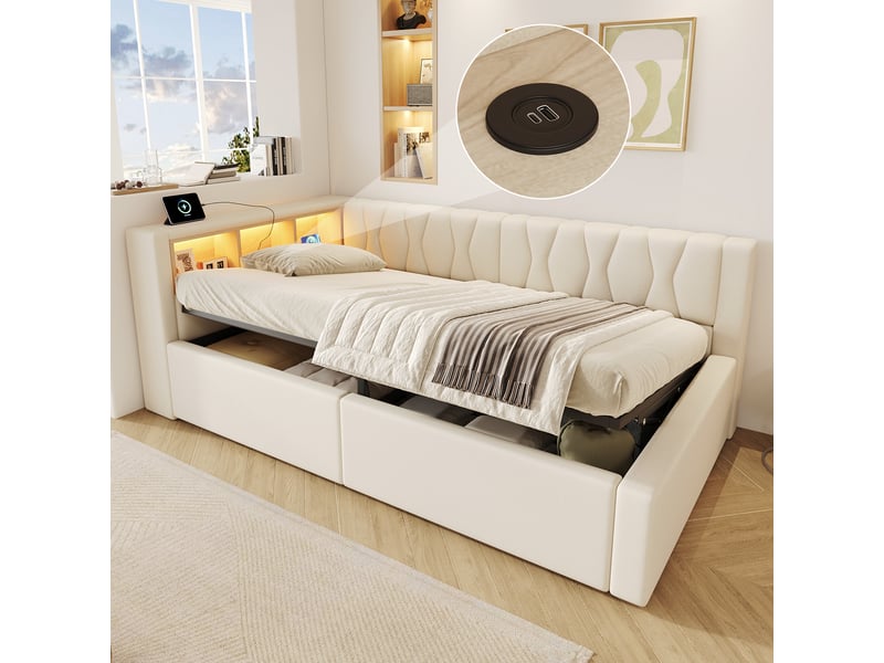  Lit superposé 90x200 cm, lit enfant, couchage d'appoint, rangement hydraulique, étagères, led, port usb, lin beige  - Conforama C