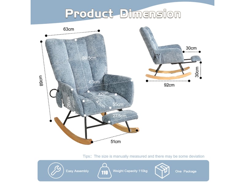 Fauteuil à bascule d'allaitement avec airbag réglable, fauteuil relax en chenille bleue pour salon et chambre, 63x92x89 cm  - Conforama C