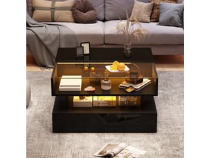 Table basse carrée relevable 80x45 cm, rangement, table d'appoint, led et 2 tiroirs, hauteur réglable, aggloméré, noir