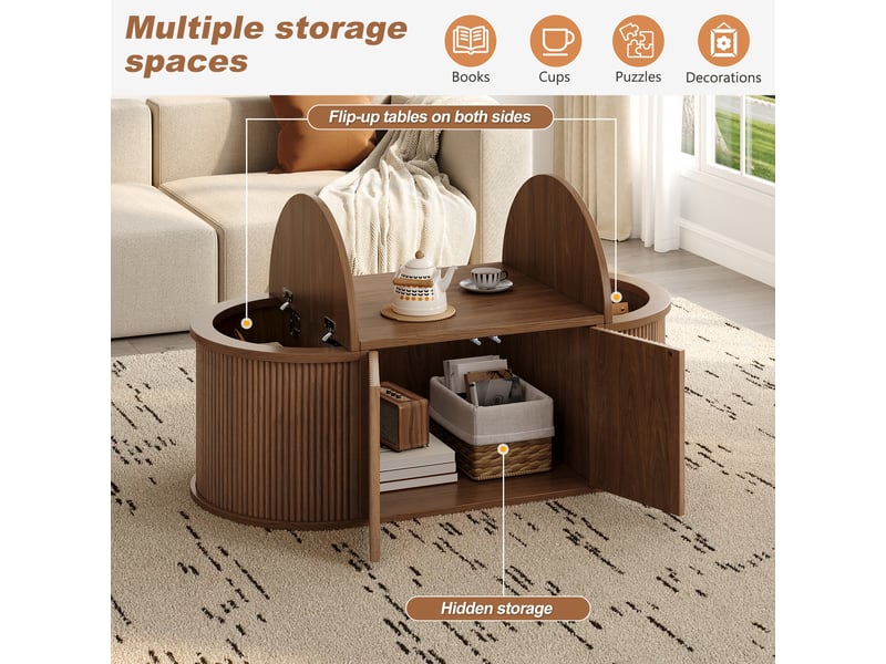  Table basse ovale 100 cm avec rangements, coffres latéraux à couvercles, 2 portes battantes à pression, mdf et panneaux de particules, décor noyer Luxe haut de gamme - Conforama W