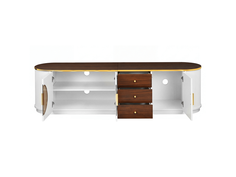  Meuble tv avec 3 tiroirs, 3 portes, passe-câbles, mdf blanc et verre brun, pour salon, 180x40x46 cm  - Conforama R