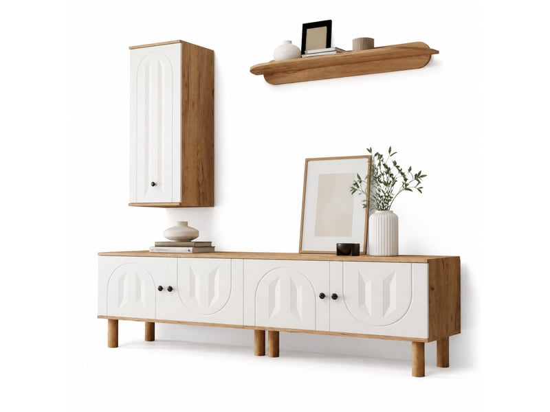  Ensemble meuble tv modenvie 3 pièces blanc et bois naturel avec rangement  - Conforama A