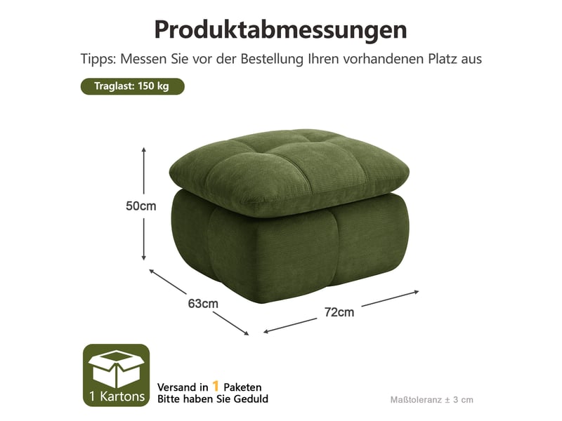  Pouf repose-pieds - 72 x 63 x 50 cm - ottoman en tissu chenille avec coussin moelleux - vert  - Conforama E