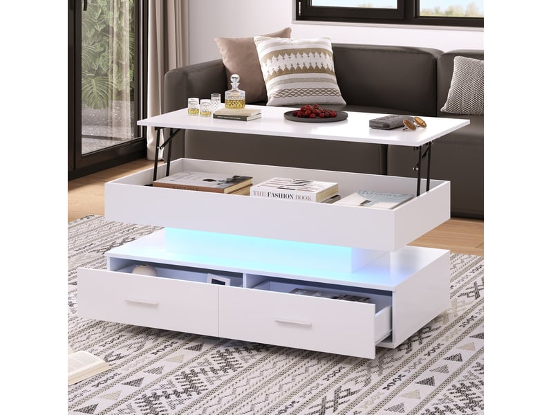  Table basse relevable hydraulique 100x50x44 cm avec led et 2 tiroirs, blanche  - Conforama D