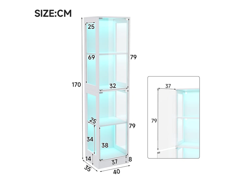  Vitrine led avec porte en verre, 4 niveaux, 40 x 35 x 170 cm, mdf blanc  - Conforama C