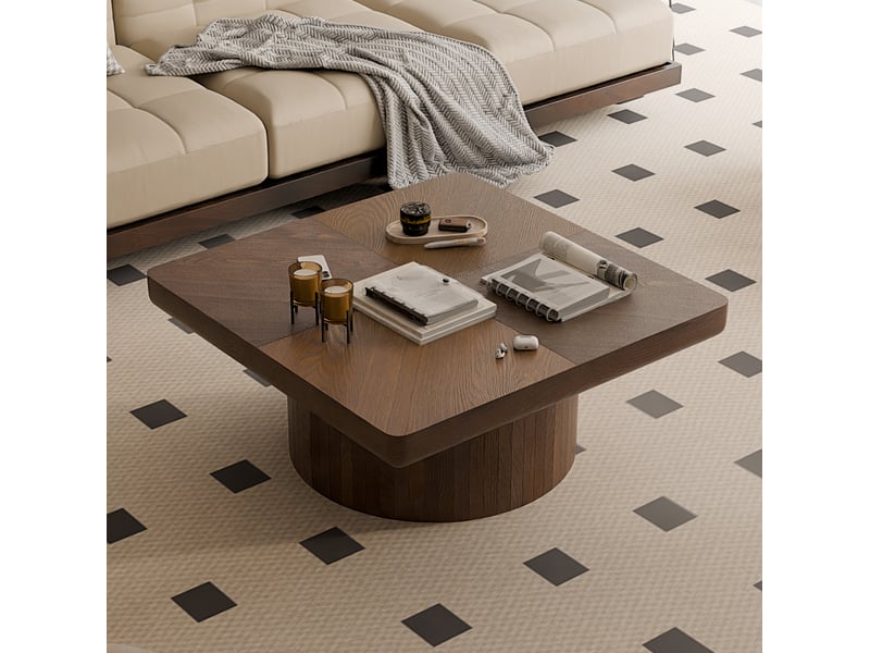  Table basse ulevr carrée 78 x 78 cm, plateau plaqué motif parquet 8 cm, base cylindrique, bois et mdf noyer  - Conforama B