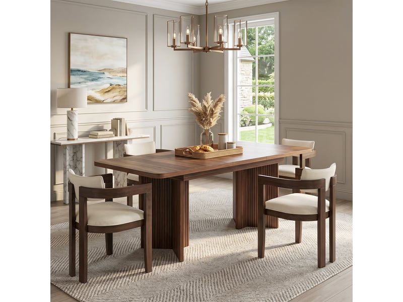  Ensemble table à manger rectangulaire extensible 120–160 cm, pieds en v + 6 chaises en bois massif, revêtues de tissu lin respirant  - Conforama R