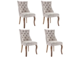 Lot de 4 chaises de salle à manger beige clair en velours, dossier haut capitonné, pieds en bois massif
