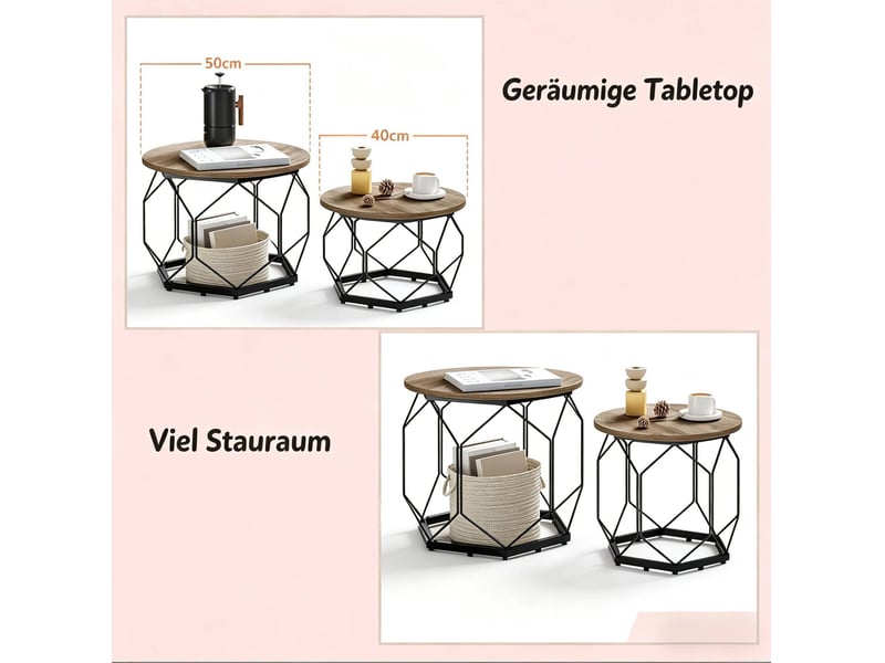  Tables basses gigognes rondes avec plateau amovible et niche de rangement pour salon, style moderne, gris et bois  - Conforama E