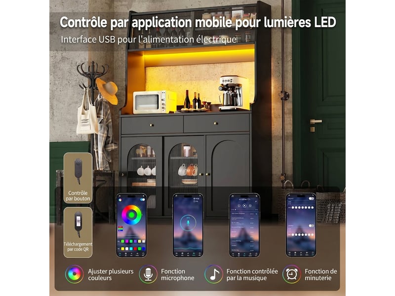 Armoire de cuisine noire buffet avec éclairage led 120cm  - Conforama D