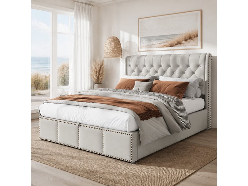  Lit coffre rembourré gris 140 x 190 cm avec sommier à lattes, sans matelas  - Conforama D