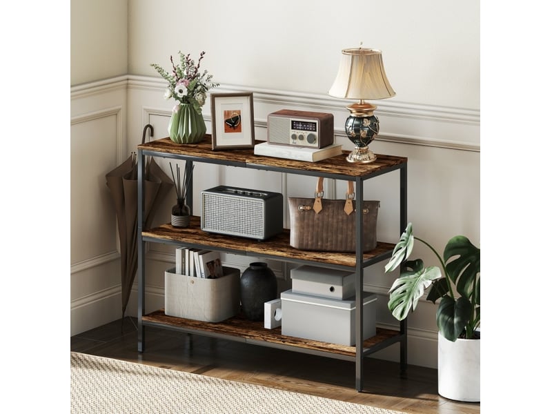  Console 101 x 35 x 80 cm en panneau de particules mélaminé et métal thermolaqué à 3 niveaux marron rustique chicfurn  - Conforama B