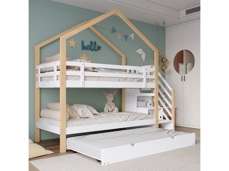  Lit superposé enfant 90x200 cm avec lit coulissant 90x190 cm, blanc et naturel  - Conforama C