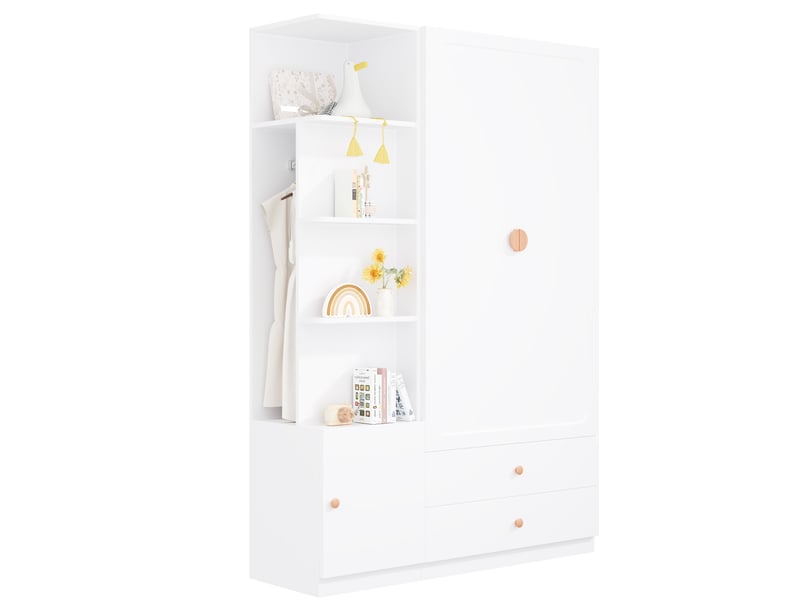 Armoire avec 2 tringles, 2 tiroirs et colonne latérale modulable pour chambre, en mdf, blanc, 135 × 45 × 200 cm - Conforama A