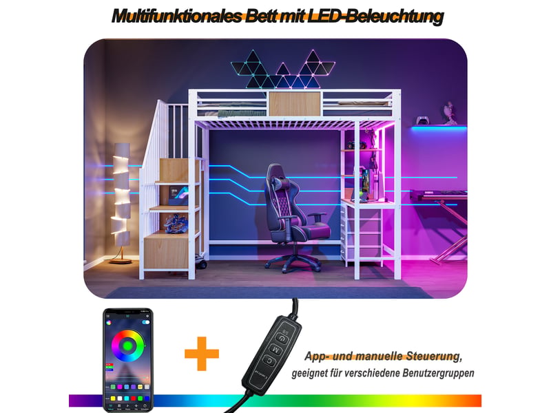  Lit mezzanine 90*200 en métal avec bureau, étagères, penderie, led et prise, blanc pour petit espace  - Conforama D