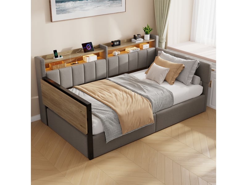 Lit coffre banquette 90x200 cm, lit hydraulique rembourré, table rabattable, tête de lit rangement, led, usb-c, velours (sans matelas), gris CozyNest - Conforama E