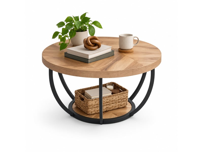  Table basse ronde 2 niveaux ø80 cm en bois et métal, structure à 6 arcs  - Conforama A