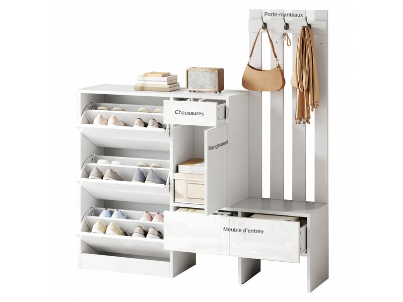  Meuble d’entrée 7 en 1 avec banc et patères, 3 abattants, 160 x 35 x 160 cm, blanc  - Conforama A