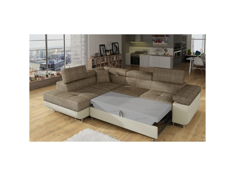  Canapé d'angle convertible menton beige et marron bouclé – angle gauche avec coffre  - Conforama D