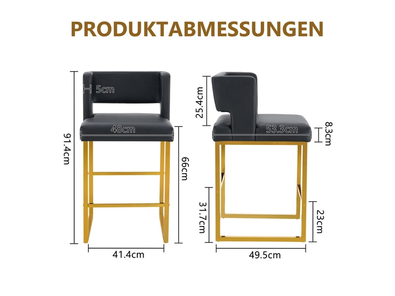  Lot de 2 tabourets de bar 53x48x91 cm, chaises hautes avec assise carrée, pieds en métal doré, meuble cuisine, noir pu  - Conforama C