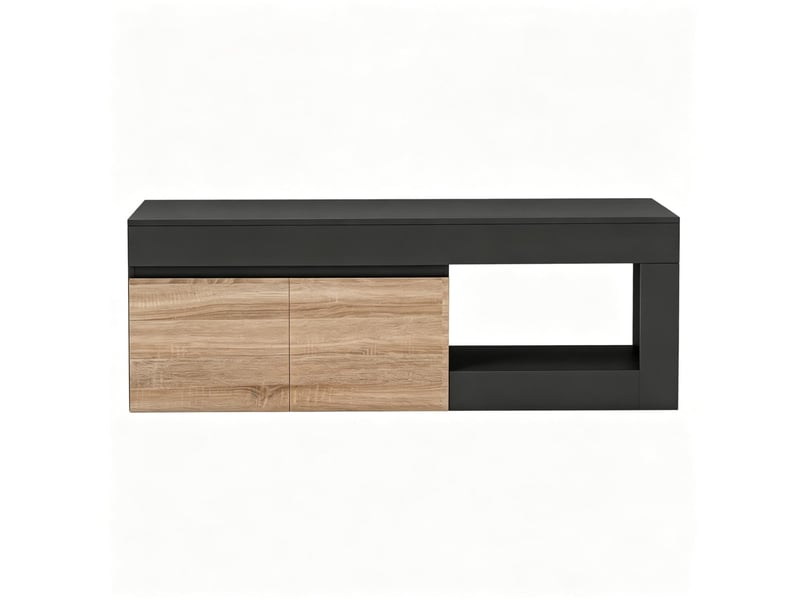  Meuble tv 140 cm noir et décor bois clair, 2 portes, niche ouverte, jusqu’à 60 pouces  - Conforama A