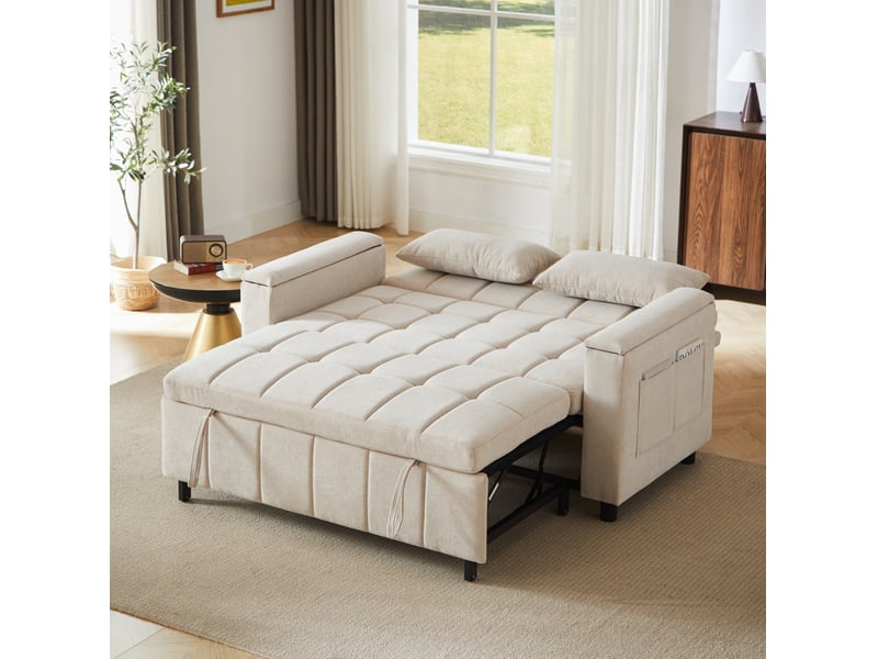 3-in-1 chenille 2-seater sofa bed with storage in the armrests, pull-out guest bed with side pockets, sturdy metal frame, multifunctional sofa for living room and guest room - Conforama C