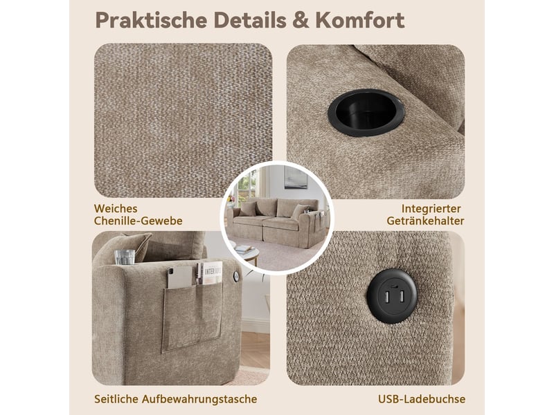  Canapé relax 2 places en chenille marron avec poche latérale porte-gobelet et coussin  - Conforama E