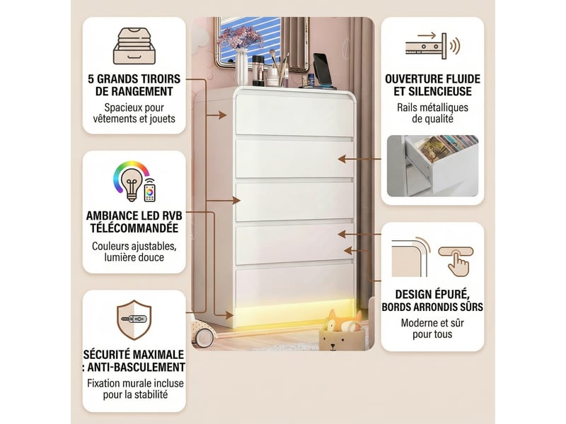  Commode de chambre, 73x40x110cm, avec 5 tiroirs et éclairage led, en bois, style moderne, blanc  - Conforama C