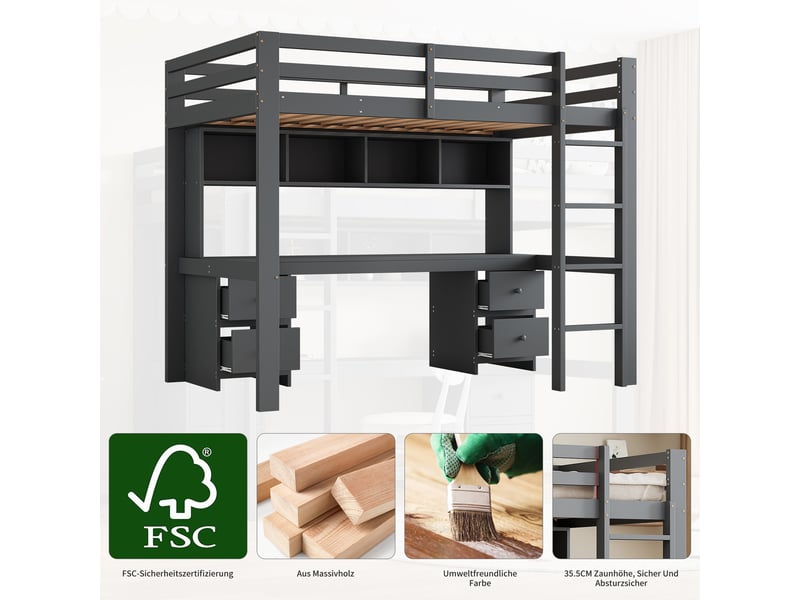  Lit mezzanine avec bureau et rangement, lit enfant 90x200 cm en bois, lit surélevé gris avec escalier robuste  - Conforama E