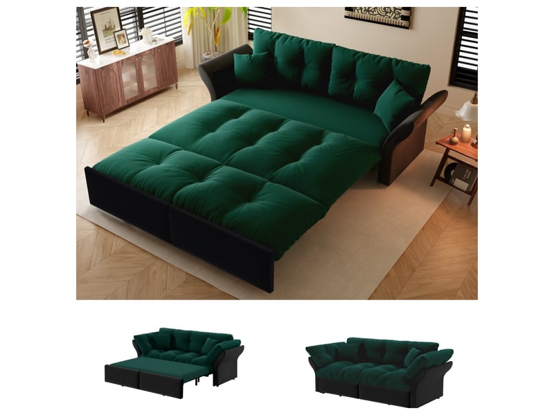  Canapé convertible 3 en 1 190 cm en velours, canapé-lit extensible avec méridienne, assise capitonnée, 2 coussins inclus - vert  - Conforama B