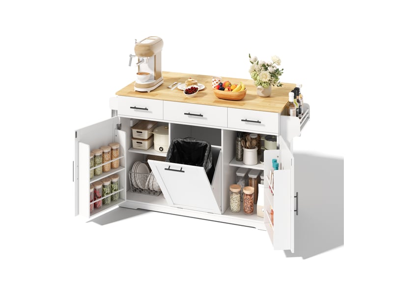 Îlot de cuisine mobile blanc et bois naturel en mdf, plateau rabattable, roulettes verrouillables, 136 × 50 (75) × 92 cm  - Conforama C