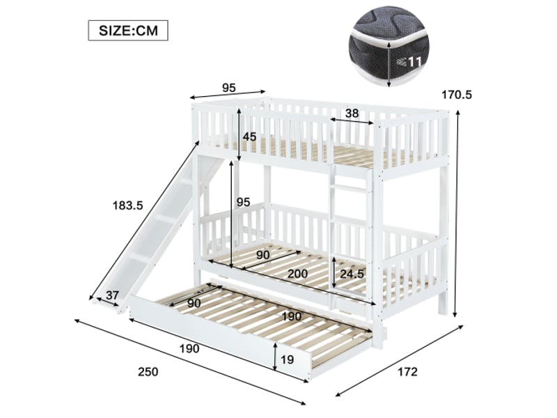  Lit superposé 90x200 cm, lit simple, lit gigogne 90x190, barrière sécurité, toboggan, étagères, en bois, blanc, sans matelas  - Conforama C
