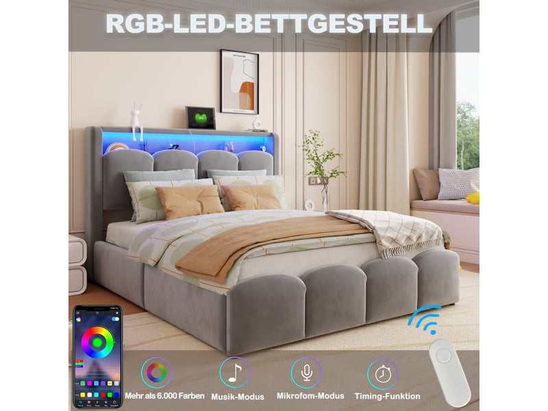  Lit capitonné 140*200 avec rangement hydraulique, tête de lit pratique, usb et type-c, led, velours gris  - Conforama E