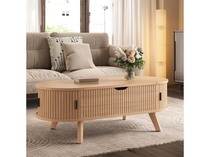  Table basse ovale 110x50x53.5 cm en mdf avec rangement, coloris naturel  - Conforama D