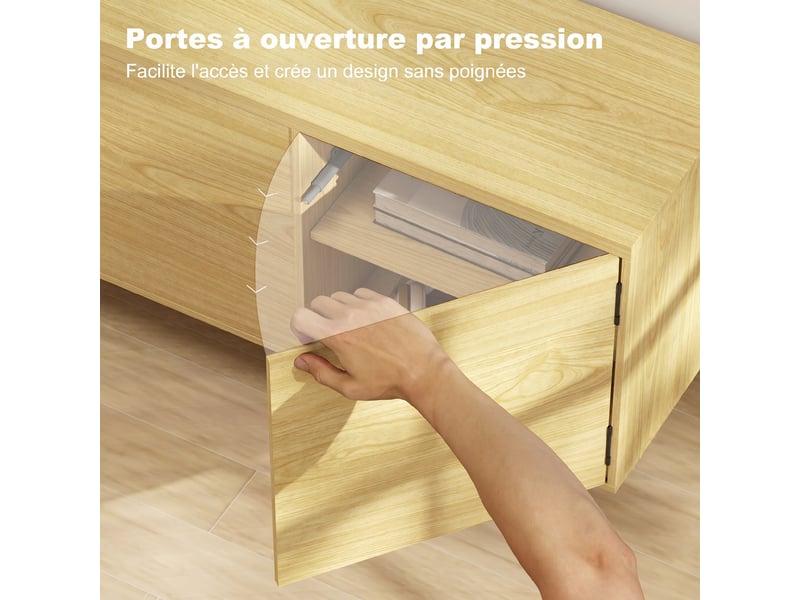  Meuble tv 180 cm, meuble télé pour 82 pouces avec 4 portes à ouverture par pression bois naturel 180x35x55,5cm  - Conforama E