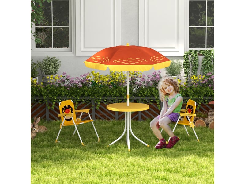  Ensemble de 2 chaises pliantes et une table pour enfants, table de jardin à hauteur réglable sur le thème du lion avec parasol, jaune  - Conforama B
