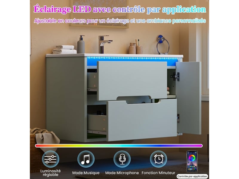  Meuble salle de bain suspendu vert 81 cm avec vasque en céramique, led et façade ondulée  - Conforama D