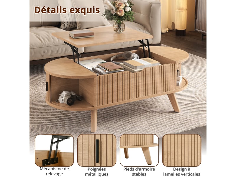  Table basse relevable ovale 110 x 50 x 53,5 cm avec plateau relevable, grand rangement caché et 2 portes coulissantes, mdf, naturel OMNIGLINT TRADING LTD - Conforama E